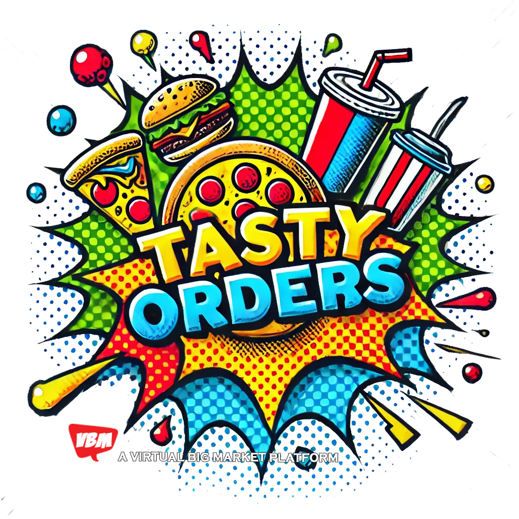 Tasty Orders Logo - Yellow and Blue Text with Pizza, Burger, and Drinks on a Pop Art Deco Background